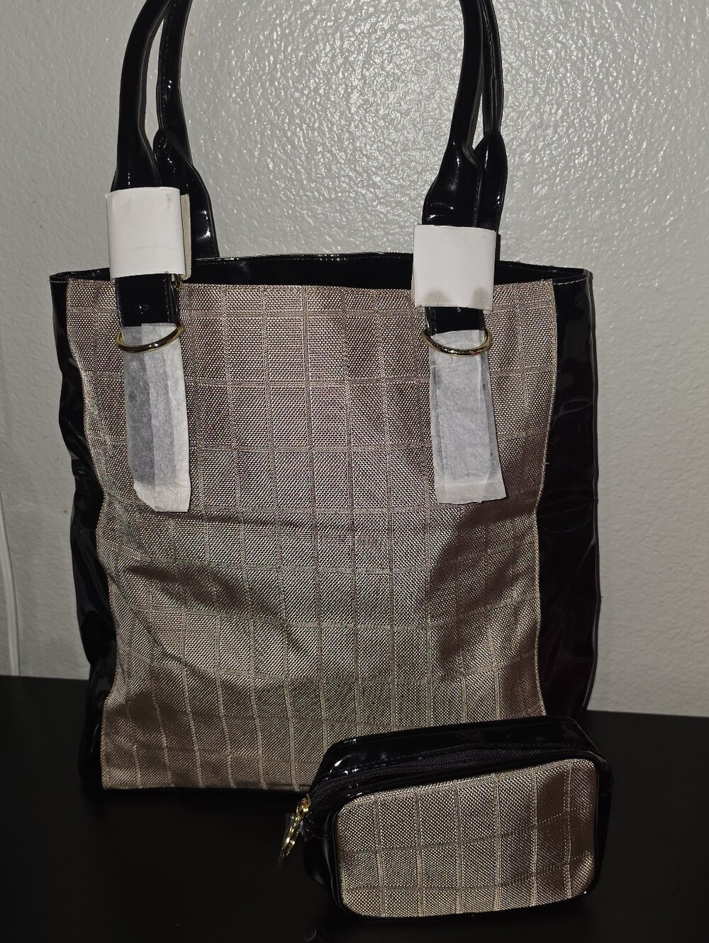 Estee Lauder Tote Bag Set With Matching Makeup Pouch New Gold Black Plaid Large
